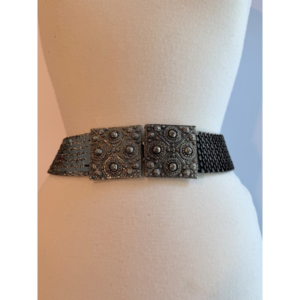 Vintage Silver Scale Sequin Stretch Belt Square Filigree Buckle Retro 26in